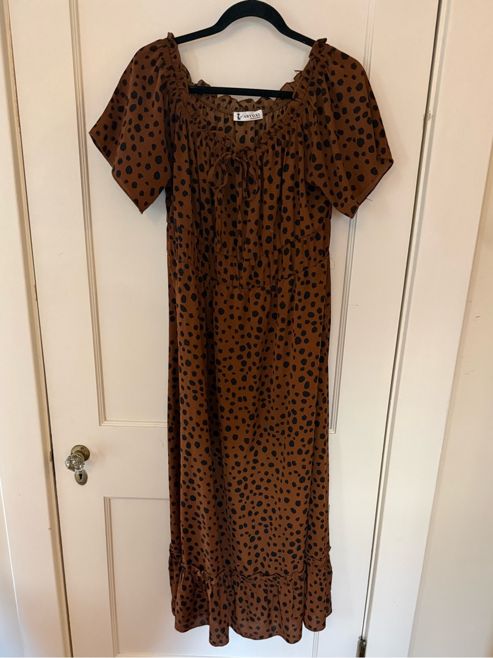 Brown animal print Midi Dress with Ruffle Hem and tie bust